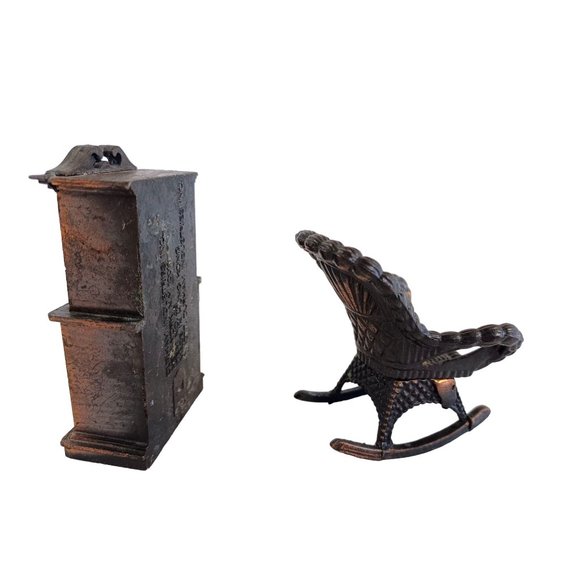 Vintage 1970's Bronze Die Cast Dollhouse Miniature 3" Cabinet & 2" Rocking Chair - Picture 7 of 8